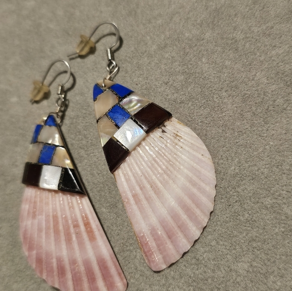 Santo Domingo Shell Lapis Lazuli Inlay Drop Earrings Native American Vintage S - Picture 3 of 8